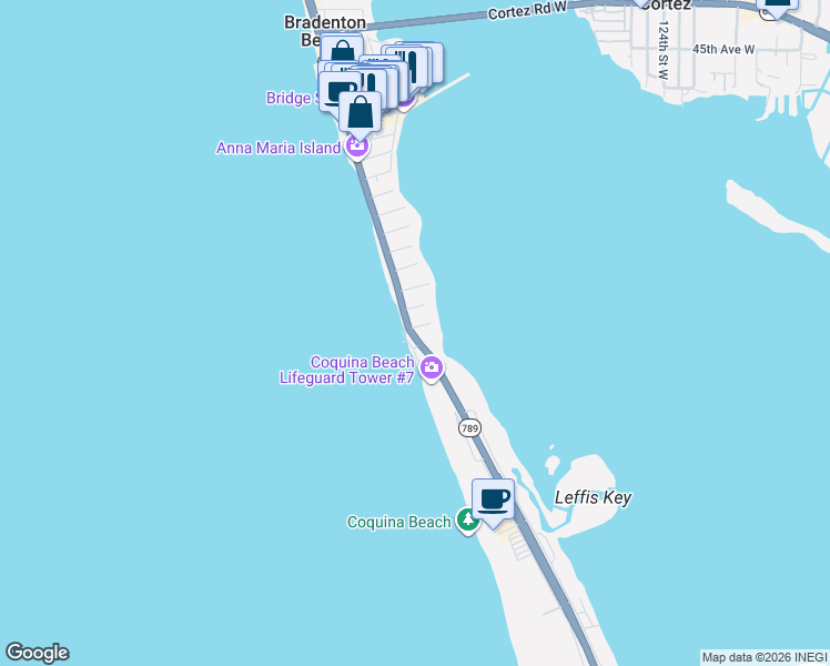 map of restaurants, bars, coffee shops, grocery stores, and more near 97 13th Street South in Bradenton Beach