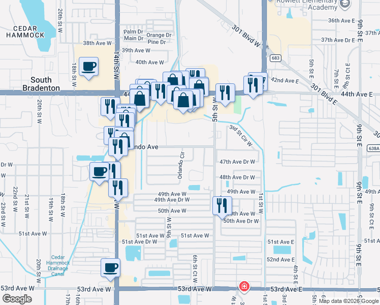 map of restaurants, bars, coffee shops, grocery stores, and more near 756 Melody Lane in Bradenton