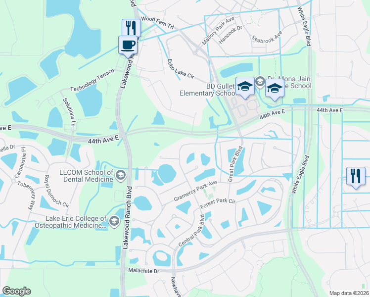 map of restaurants, bars, coffee shops, grocery stores, and more near 4667 Claremont Park Drive in Bradenton