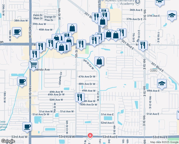 map of restaurants, bars, coffee shops, grocery stores, and more near 203 47th Avenue Drive West in Bradenton