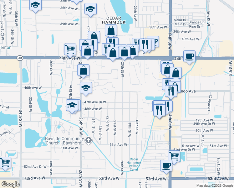 map of restaurants, bars, coffee shops, grocery stores, and more near 4613 21st Street West in Bradenton