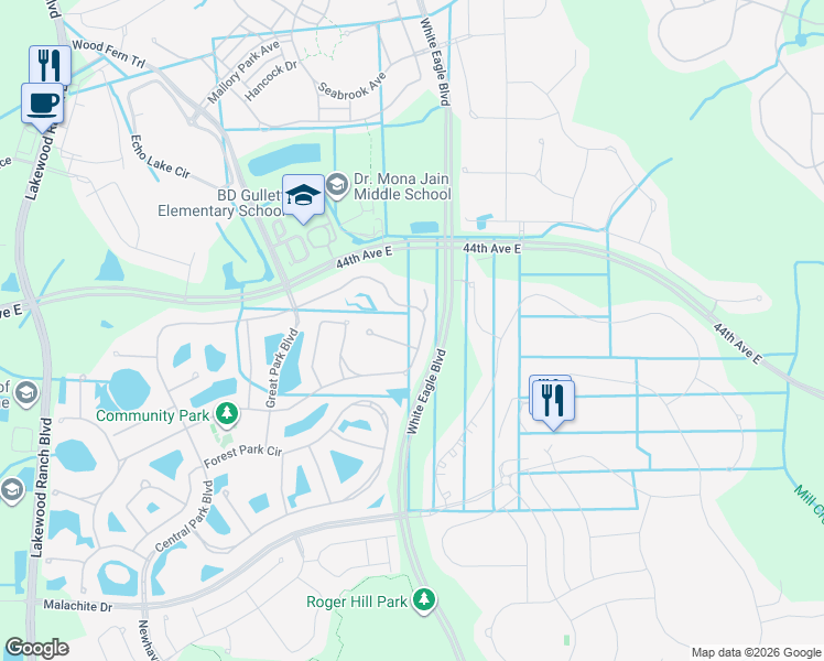 map of restaurants, bars, coffee shops, grocery stores, and more near 12126 Longview Lake Circle in Bradenton