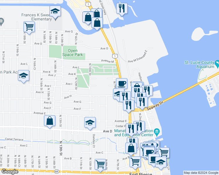 map of restaurants, bars, coffee shops, grocery stores, and more near 901 North 7th Street in Fort Pierce