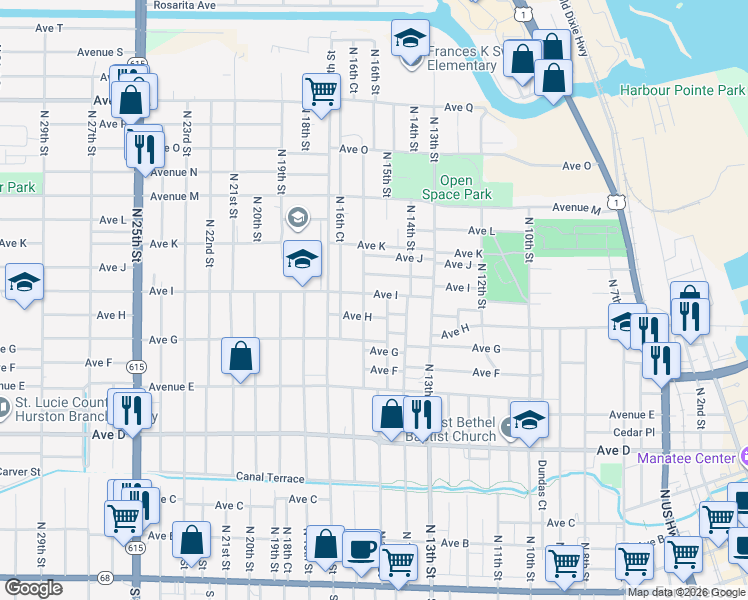 map of restaurants, bars, coffee shops, grocery stores, and more near 1510 Avenue H in Fort Pierce