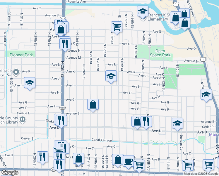 map of restaurants, bars, coffee shops, grocery stores, and more near 805 North 18th Street in Fort Pierce