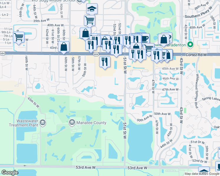 map of restaurants, bars, coffee shops, grocery stores, and more near 4802 51st Street West in Bradenton