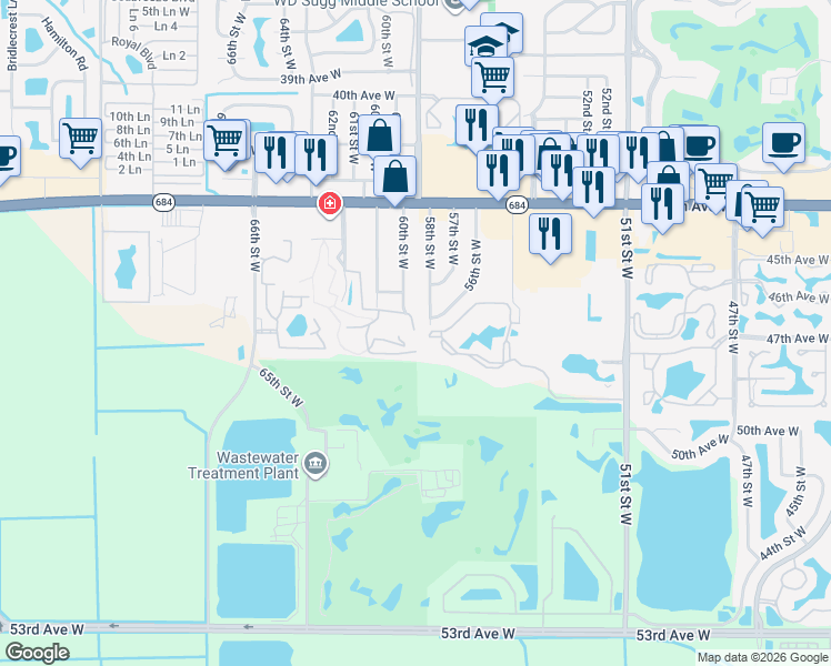 map of restaurants, bars, coffee shops, grocery stores, and more near 6004 Oak Creek Lane in Bradenton