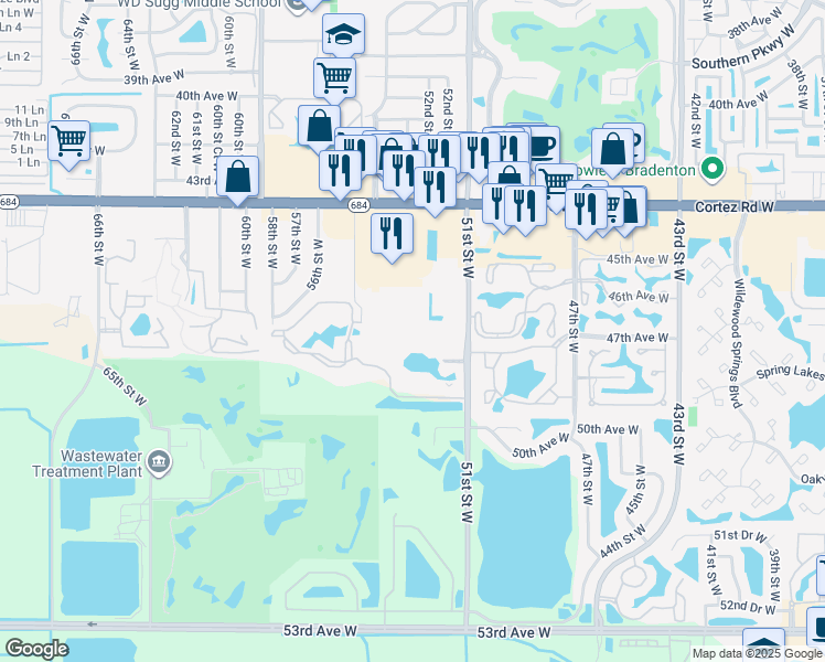 map of restaurants, bars, coffee shops, grocery stores, and more near 4802 51st Street West in Bradenton
