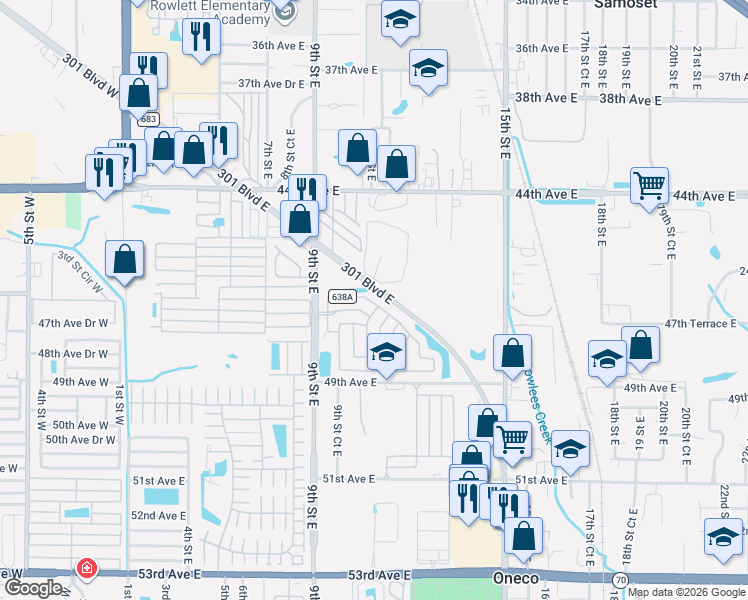 map of restaurants, bars, coffee shops, grocery stores, and more near 913 47th Avenue East in Bradenton