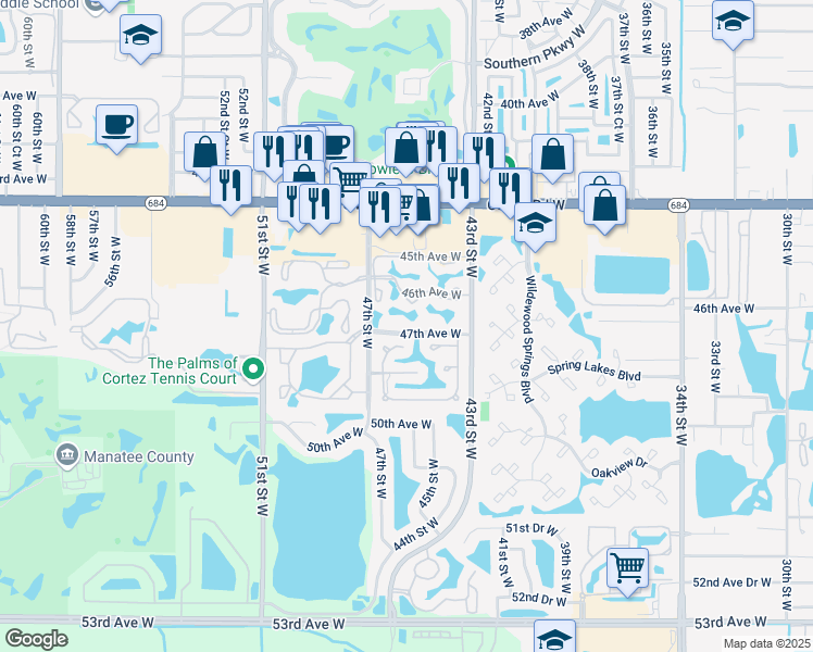 map of restaurants, bars, coffee shops, grocery stores, and more near 4701 Dundee Drive in Bradenton
