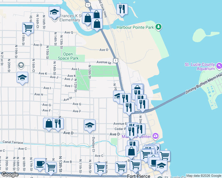 map of restaurants, bars, coffee shops, grocery stores, and more near 709 Avenue I in Fort Pierce