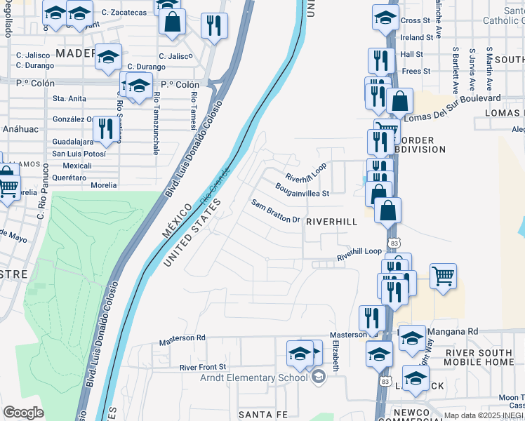map of restaurants, bars, coffee shops, grocery stores, and more near 613 Sam Bratton Drive in Laredo