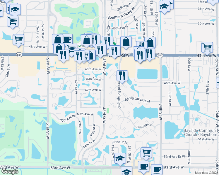 map of restaurants, bars, coffee shops, grocery stores, and more near 273 Sherwood Drive in Bradenton