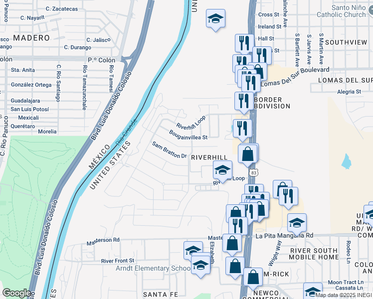 map of restaurants, bars, coffee shops, grocery stores, and more near 647 Sam Bratton Drive in Laredo