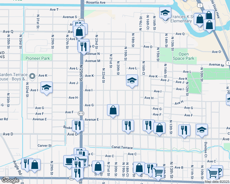 map of restaurants, bars, coffee shops, grocery stores, and more near 2001 Avenue I in Fort Pierce