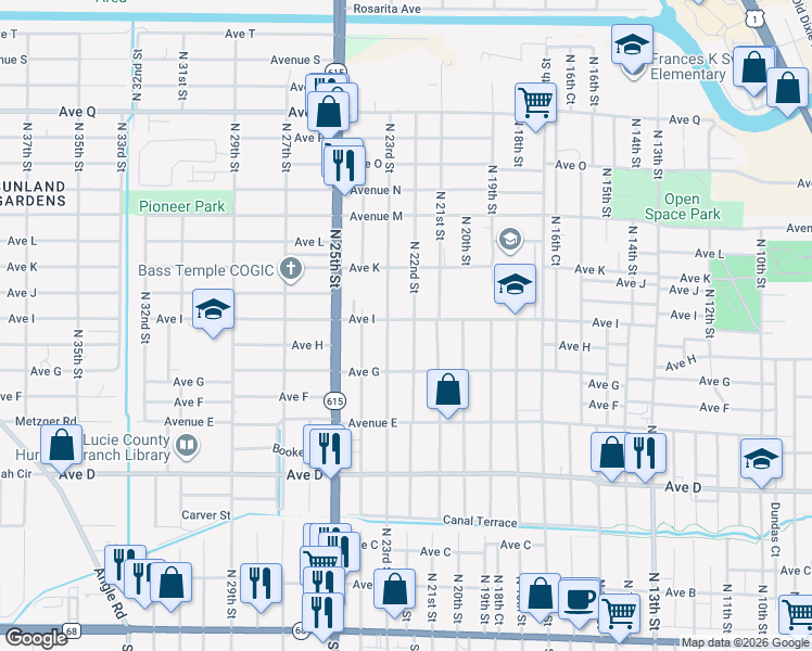 map of restaurants, bars, coffee shops, grocery stores, and more near 2208 Avenue G in Fort Pierce