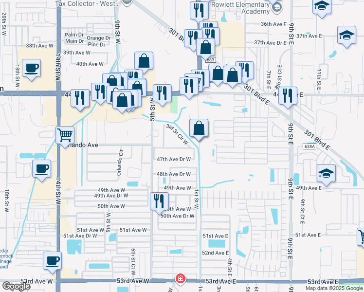 map of restaurants, bars, coffee shops, grocery stores, and more near 322 3rd Street Circle West in Bradenton