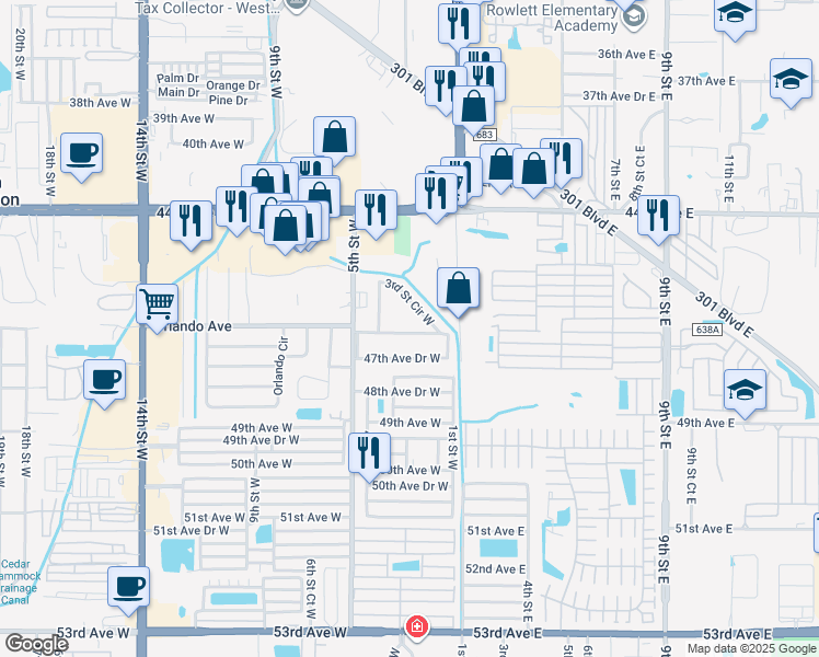 map of restaurants, bars, coffee shops, grocery stores, and more near 322 3rd Street Circle West in Bradenton