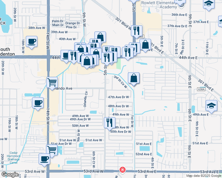 map of restaurants, bars, coffee shops, grocery stores, and more near 271 3rd Street Circle West in Bradenton