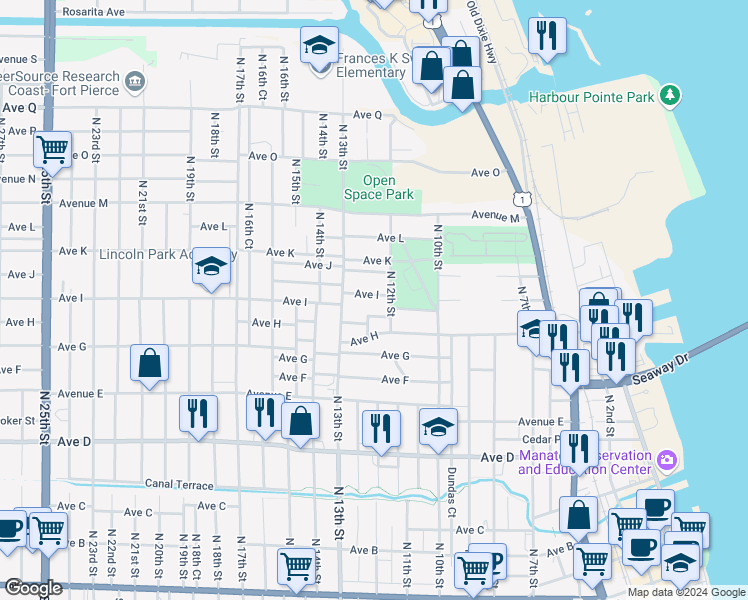 map of restaurants, bars, coffee shops, grocery stores, and more near 1209 Avenue I in Fort Pierce