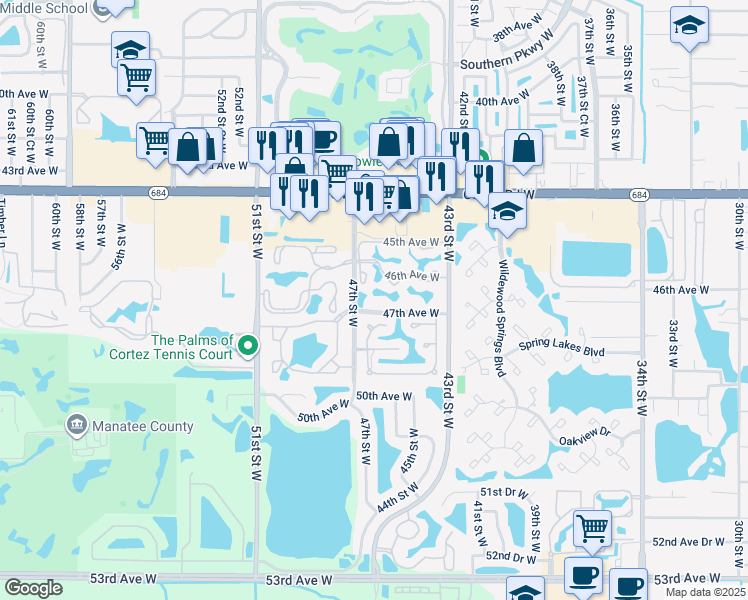 map of restaurants, bars, coffee shops, grocery stores, and more near 4675 46th Street Court West in Bradenton