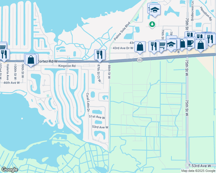 map of restaurants, bars, coffee shops, grocery stores, and more near 4520 86th Street West in Bradenton