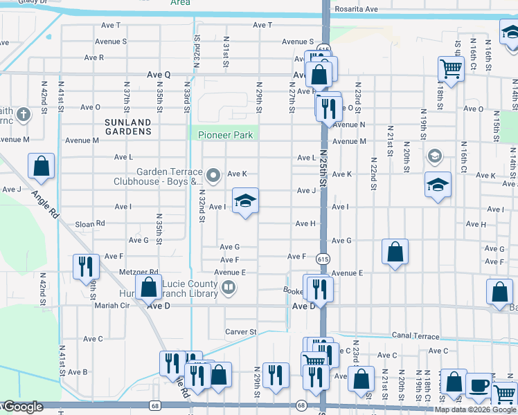 map of restaurants, bars, coffee shops, grocery stores, and more near 2899 Avenue I in Fort Pierce