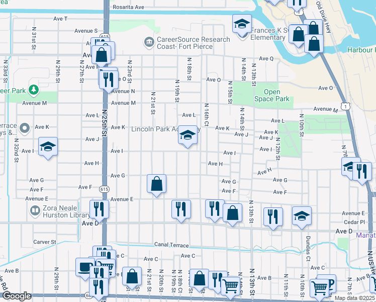 map of restaurants, bars, coffee shops, grocery stores, and more near 1806 Avenue I in Fort Pierce