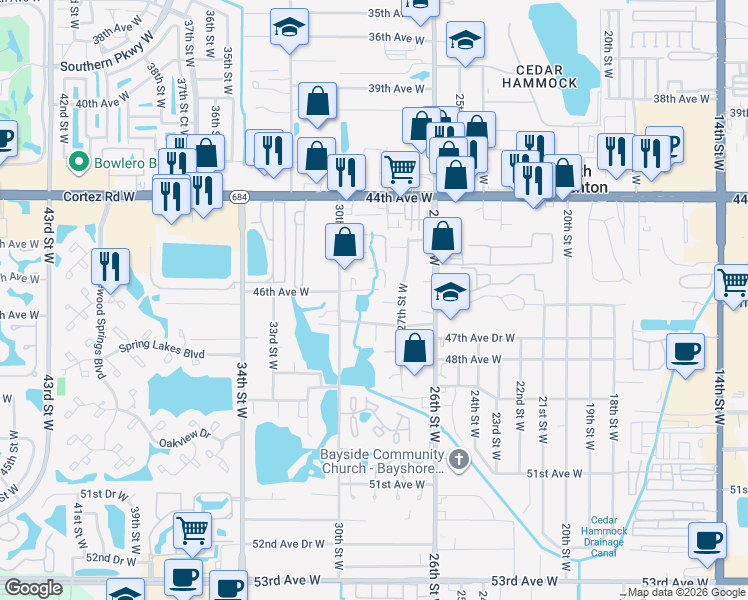 map of restaurants, bars, coffee shops, grocery stores, and more near 46TH West Avenue Avenue in Bradenton