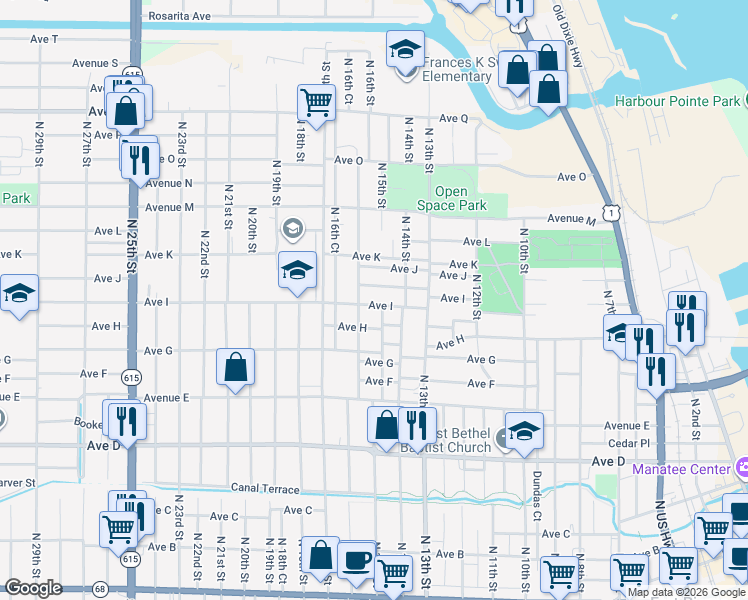 map of restaurants, bars, coffee shops, grocery stores, and more near 1505 Edgewood Terrace in Fort Pierce