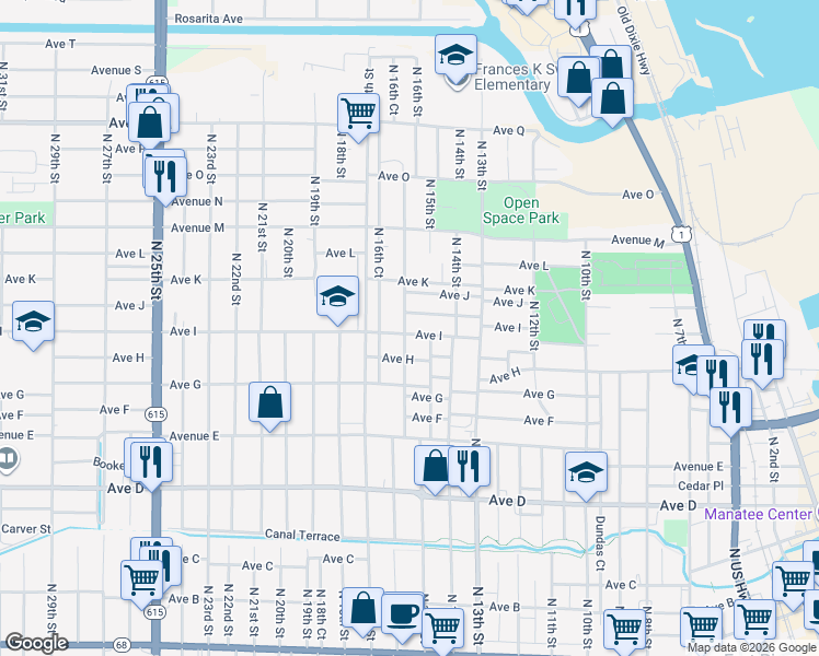 map of restaurants, bars, coffee shops, grocery stores, and more near 1505 Edgewood Terrace in Fort Pierce