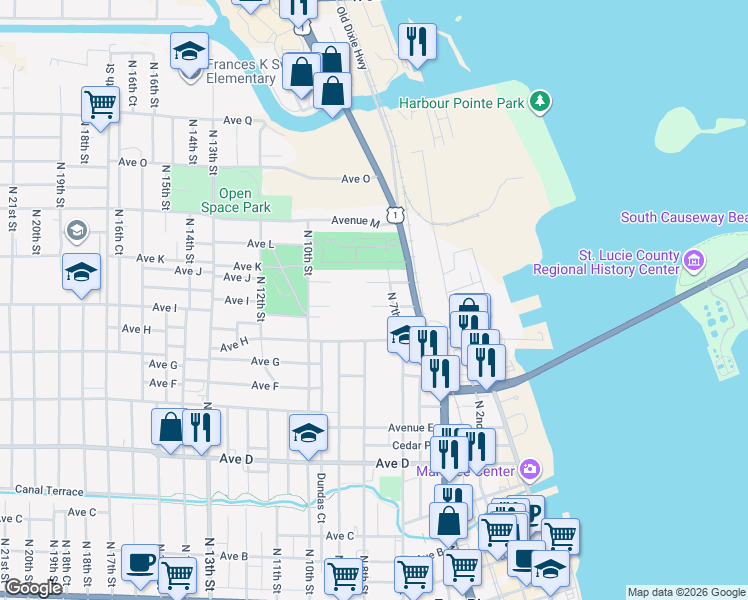 map of restaurants, bars, coffee shops, grocery stores, and more near 1007 North 7th Street in Fort Pierce