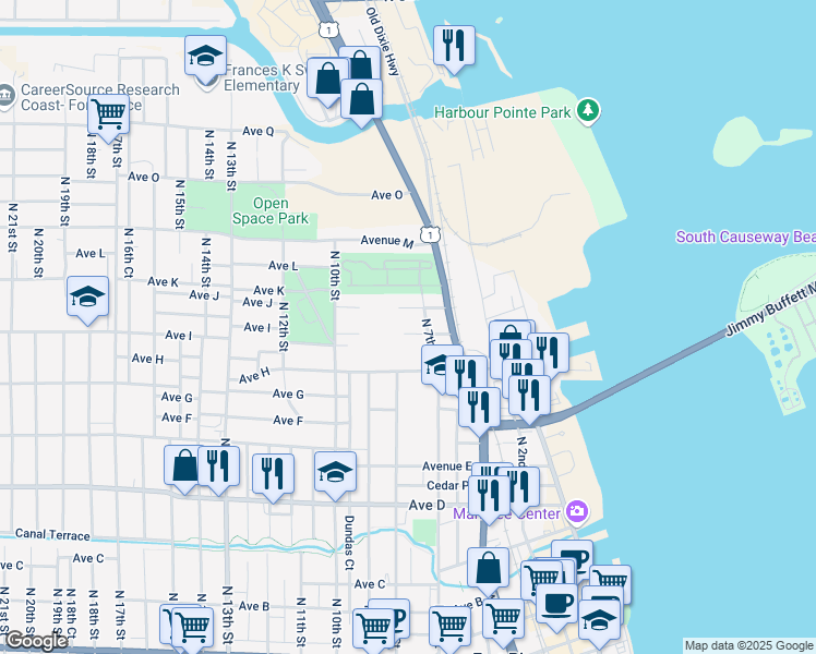 map of restaurants, bars, coffee shops, grocery stores, and more near 1007 North 7th Street in Fort Pierce