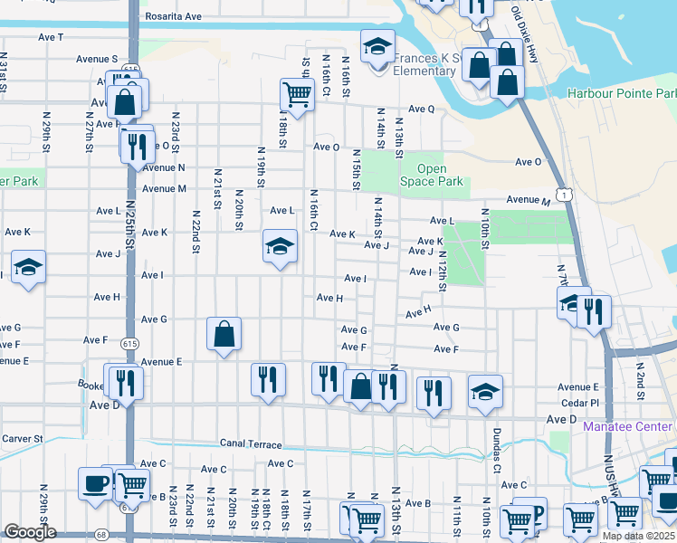 map of restaurants, bars, coffee shops, grocery stores, and more near 1505 Edgewood Terrace in Fort Pierce