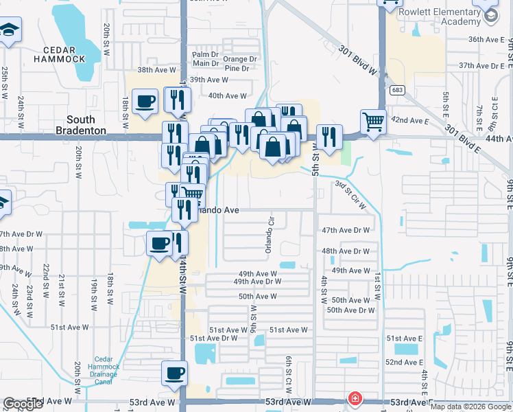 map of restaurants, bars, coffee shops, grocery stores, and more near 4507 9th Street West in Bradenton