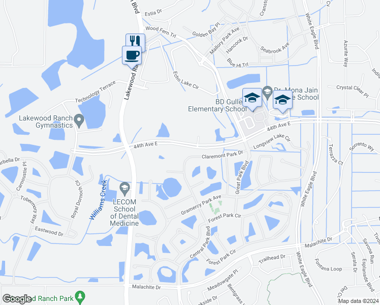 map of restaurants, bars, coffee shops, grocery stores, and more near 4688 Claremont Park Drive in Bradenton
