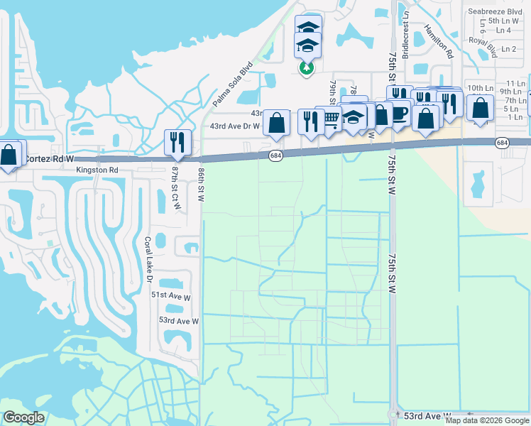 map of restaurants, bars, coffee shops, grocery stores, and more near 80th Street West in Bradenton