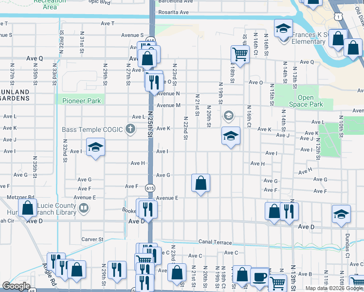 map of restaurants, bars, coffee shops, grocery stores, and more near 1010 North 23rd Street in Fort Pierce