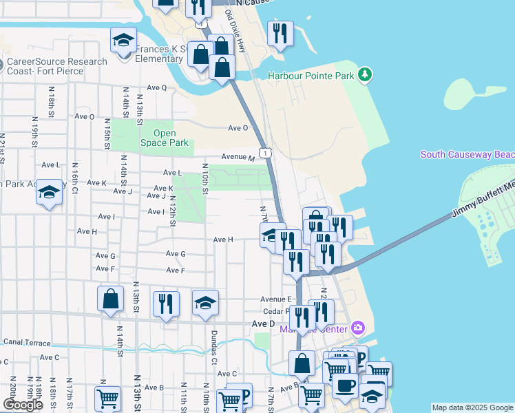 map of restaurants, bars, coffee shops, grocery stores, and more near 1007 North 7th Street in Fort Pierce
