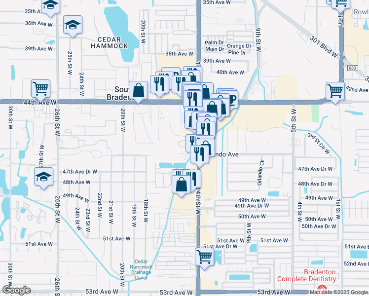 map of restaurants, bars, coffee shops, grocery stores, and more near 1477 45th Avenue Circle West in Bradenton