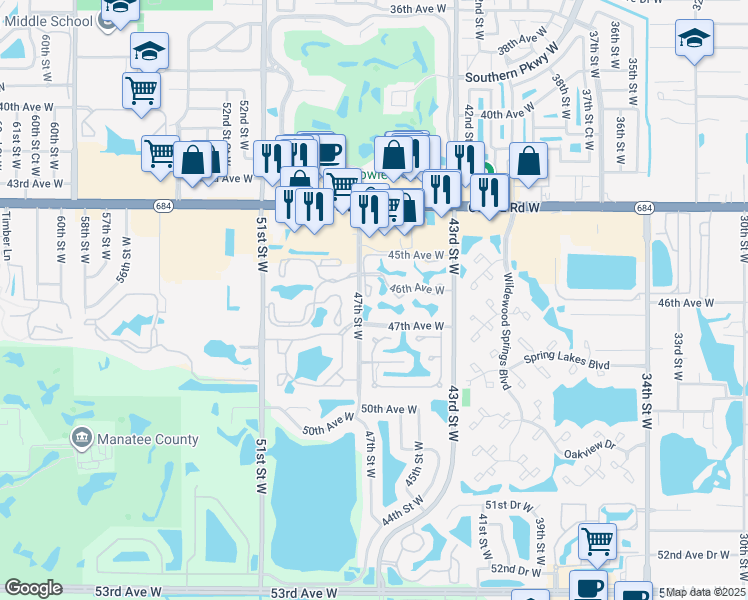 map of restaurants, bars, coffee shops, grocery stores, and more near 4675 46th Street Court West in Bradenton