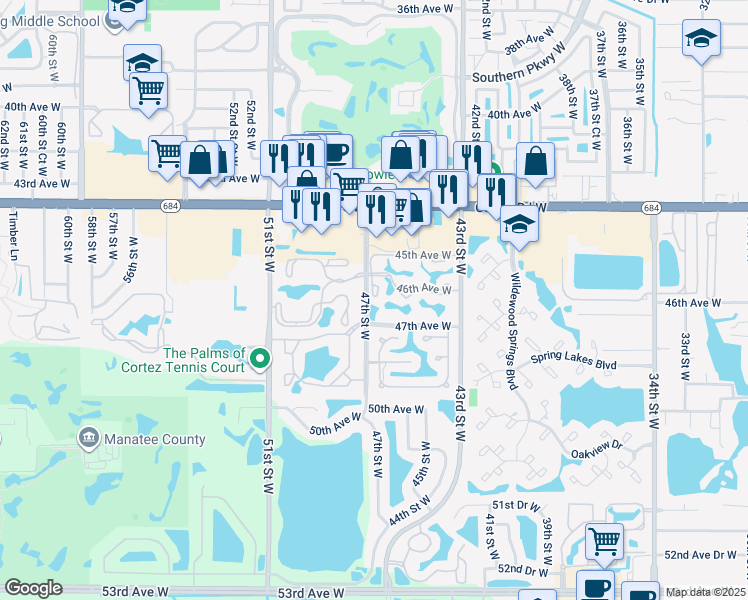 map of restaurants, bars, coffee shops, grocery stores, and more near 4675 46th Street Court West in Bradenton
