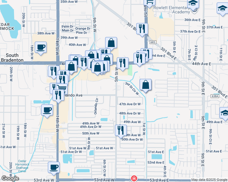 map of restaurants, bars, coffee shops, grocery stores, and more near 4520 5th Street West in Bradenton