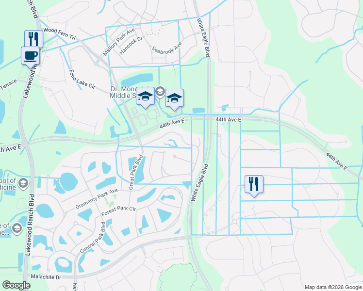 map of restaurants, bars, coffee shops, grocery stores, and more near 12189 Longview Lake Circle in Bradenton