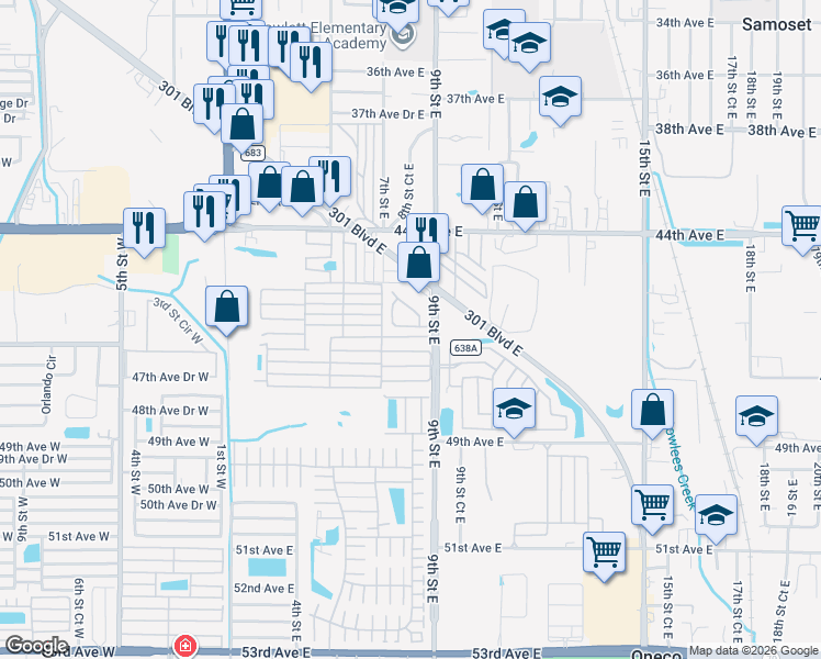 map of restaurants, bars, coffee shops, grocery stores, and more near 38 Twin Oaks Boulevard in Bradenton