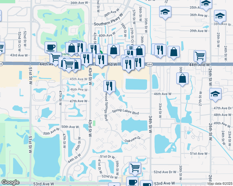 map of restaurants, bars, coffee shops, grocery stores, and more near 520 Spring Lakes Boulevard in Bradenton