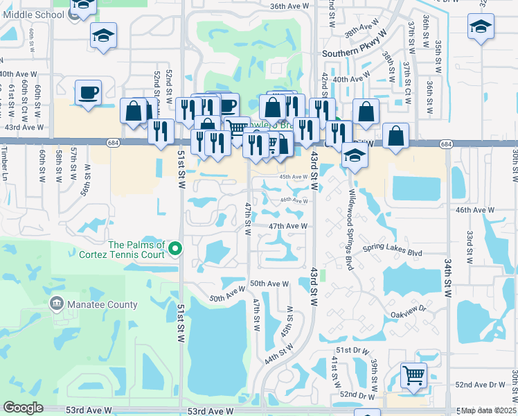 map of restaurants, bars, coffee shops, grocery stores, and more near 4675 46th Street Court West in Bradenton