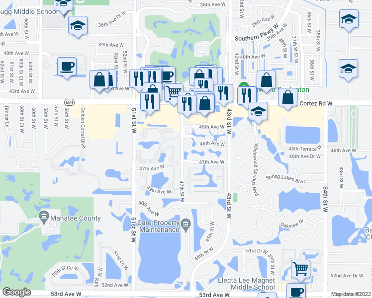 map of restaurants, bars, coffee shops, grocery stores, and more near 4675 46th Street Court West in Bradenton