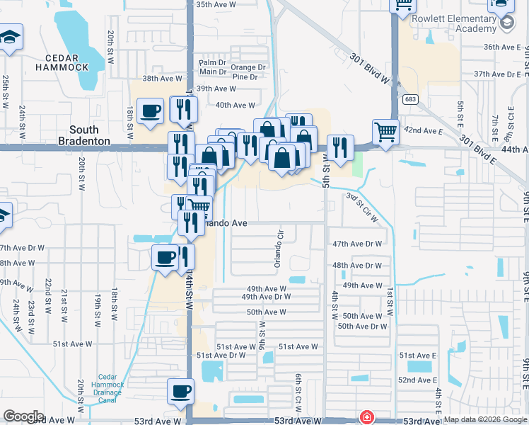 map of restaurants, bars, coffee shops, grocery stores, and more near 4507 9th Street West in Bradenton
