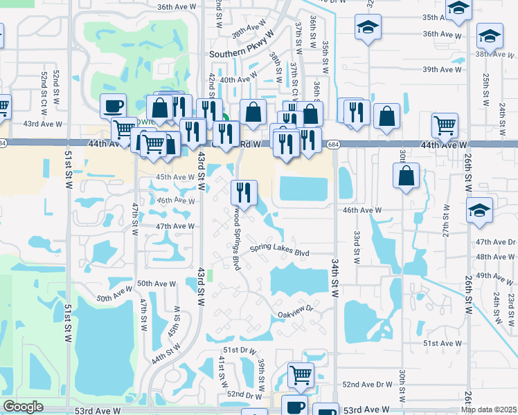 map of restaurants, bars, coffee shops, grocery stores, and more near 515 Spring Lakes Boulevard in Bradenton